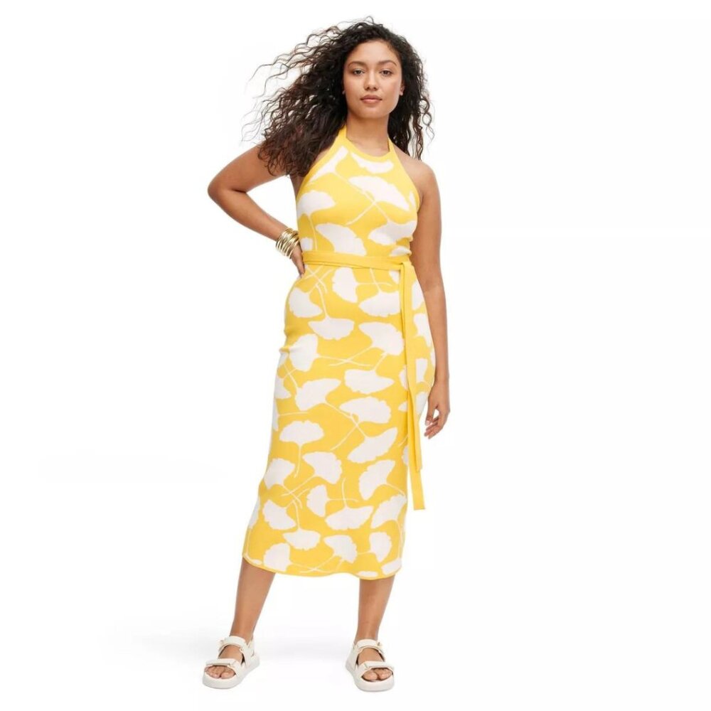 DVF Yellow Dress Halter Tie Neck Ginkgo Yellow Sweaterknit Midi Dress - NWT - Picture 1 of 7